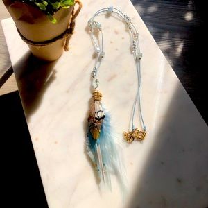 Light blue and white feathered long chain necklace/Western bohemian style/New